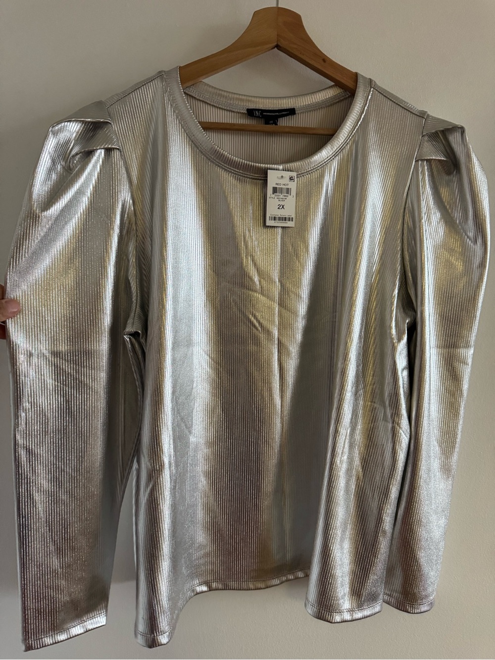 INC International Concepts Metallic Silver Puff-Shoulder Long Sleeve Top